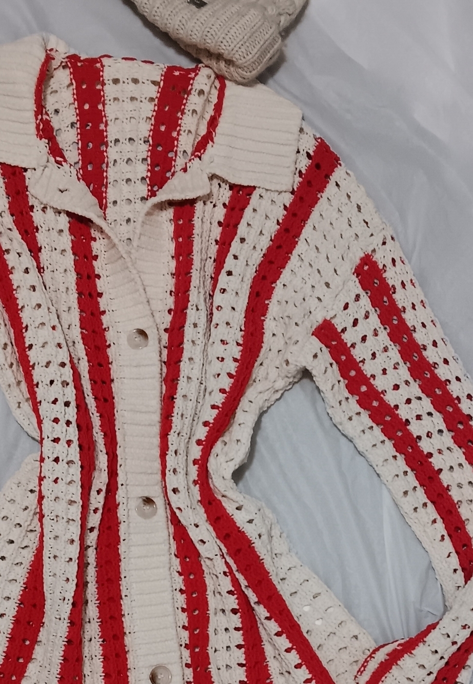 NEW PLUS SIZE Beautiful Red and White Striped Women's Sweater CROCHETED!